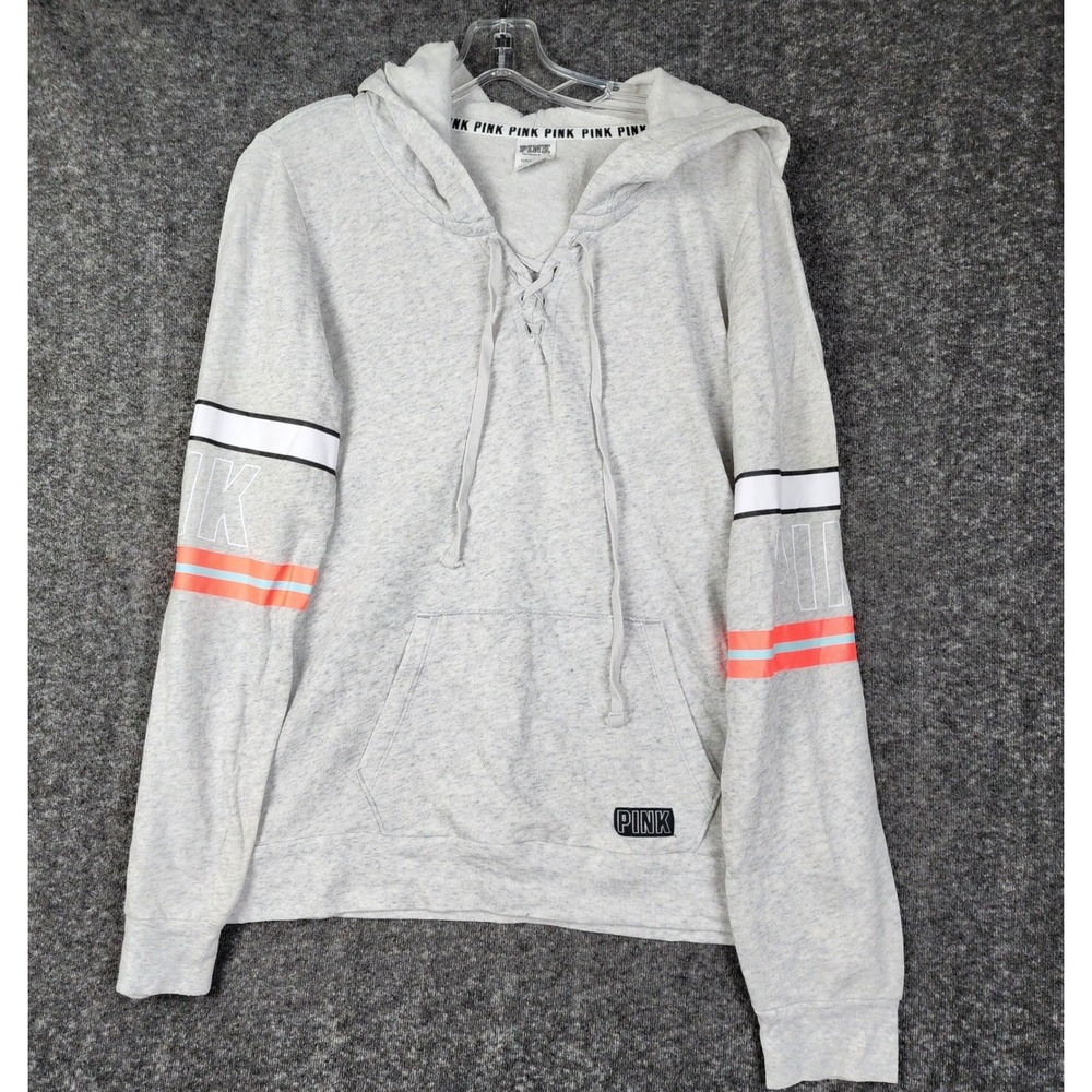 PINK Victoria's Secret Hoodie Women Small Gray Lace Up Striped Sleeve 363078-072